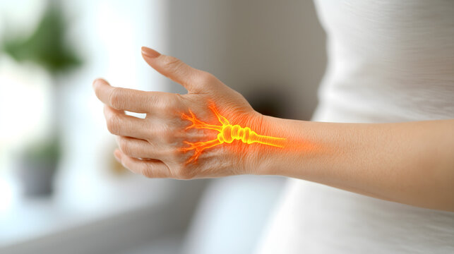 Fair-skinned woman left hand numbness wrist neuropathy pain orange-red flare holographic model bones nerves after accident consulting doctor clinic hospital