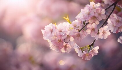 cherry blossoms in full bloom with a diagonal branch, delicate pink petals, blurred bokeh background in pastel colors, serene spring beauty