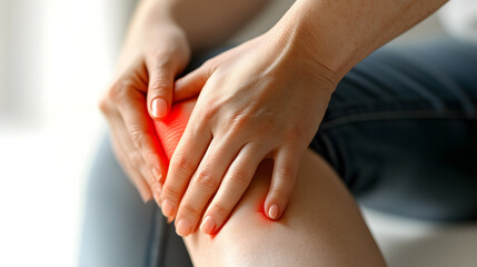 Unhappy woman holding injured left knee with both hands sitting on chair orange-red flare pain area after accident consulting doctor clinic hospital