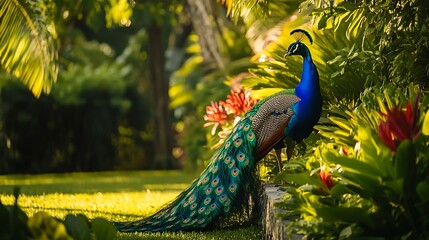 Naklejka premium Peacock standing elegantly in a sunlit botanical garden for editorial visual content.