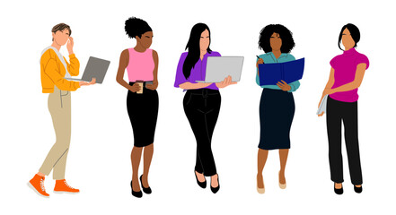 Obraz premium Set of modern Business women. Diverse multinational standing cartoon women in office outfits with laptop, coffee, folder with documents. Colorful vector illustrations Isolated