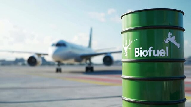 Airplane refueling with biofuel at the airport, showcasing sustainable aviation fuel in green barrel on runway