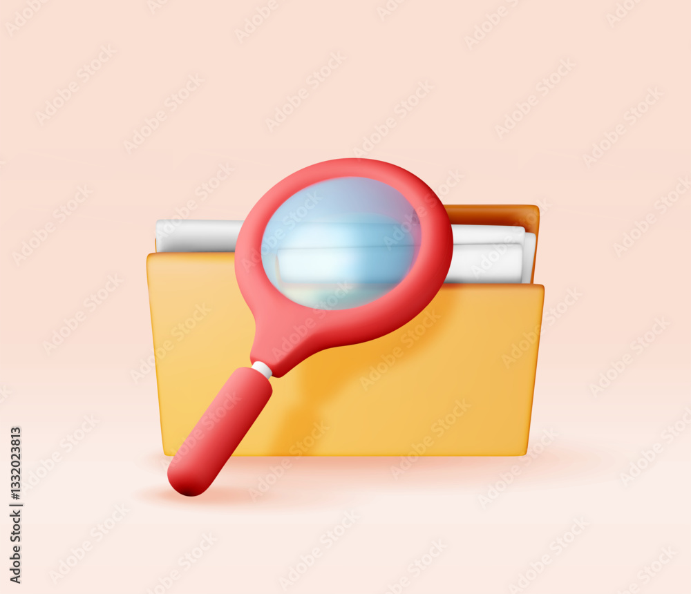 Poster 3d document folder with magnifying glass. render analysis of folder with loupe. focus research and o
