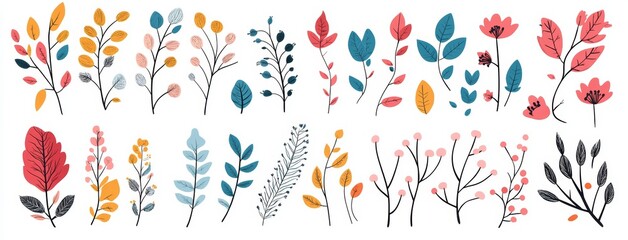 A collection of botanical line art featuring floral drawings, flowers, leaves, and plants, ideal for trendy minimalistic design, comprising hand-drawn sketches of plant branches and modern