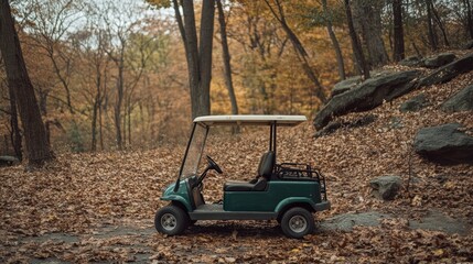 A green golf cart sits amid autumn fallen leaves