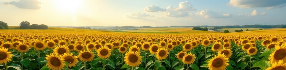 Obraz premium Rows of sunflowers blanket the land, creating a breathtaking panorama , high resolution, stock photo, aerial shot