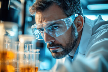 Man in lab analyzing test tube with intense focus among various scientific equipment; blue lab coat, shelves of chemicals in background.