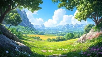 Fototapeta premium Idyllic mountain valley landscape with wildflowers, path, and lush greenery under a vibrant blue sky.