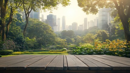 Wooden table in lush park with city skyline background.