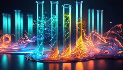 Captivating laboratory setup with a bright neon liquid dynamically flowing between test tubes, showcasing intricate glowing patterns within the liquid. A futuristic science concept