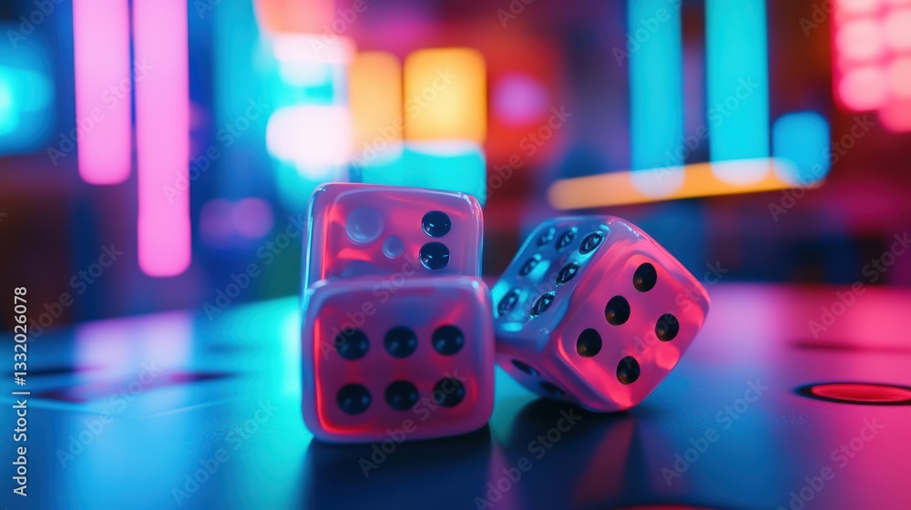 Poster three translucent dice on a reflective table with colorful lights