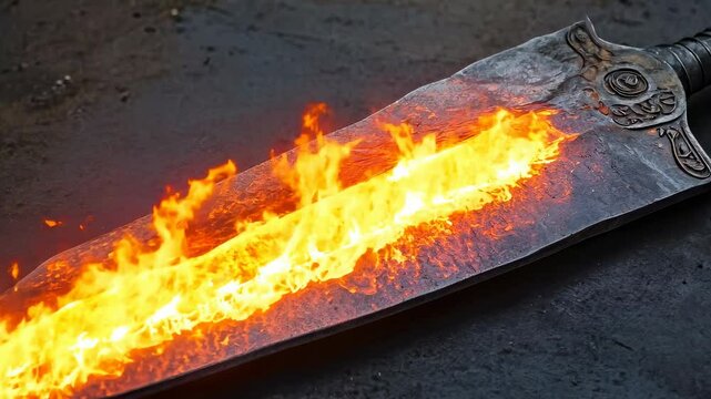 A magic weapon dagger forged from a rare metal, glowing with an inner fire. Animated video game concept art.
