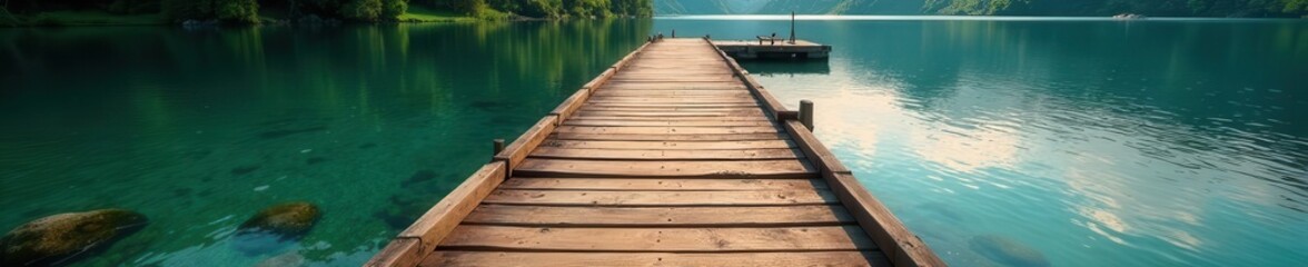 Rustic wooden fishing pier extending over calm river, birds, countryside