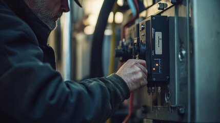 Senior technician operating industrial machinery equipment control panel man dial dark metal gauge