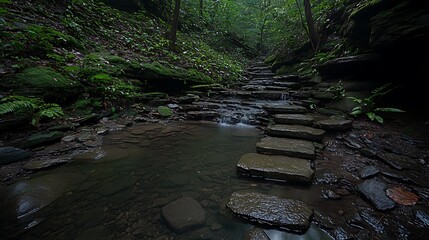Obraz premium Stone steps crossing a small stream surrounded by lush forest vegetation
