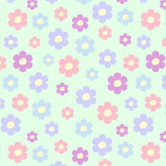This delicate floral pattern features pastel shades including soft pinks, lavenders and blues. The various flowers are set against a light green background, creating a cozy and calming atmosphere