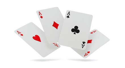 Obraz premium Four Aces Playing Cards Falling White Background red win game luck risk lose poker clubs suits black