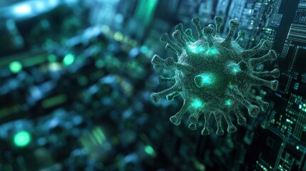 Microscopic virus particle over a circuit board, representing digital threats.