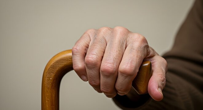 A close-up of a hand gripping a wooden cane, symbolizing support and stability, often associated with aging or mobility assistance.