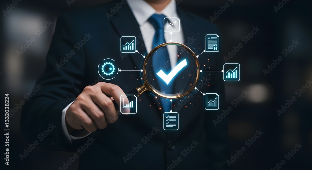 Poster a businessman inspects data metrics through a digital magnifying glass, symbolizing analysis and dec
