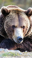 Obraz premium Grizzly bear portrait, resting on rocks, forest background, wildlife photography, nature documentary