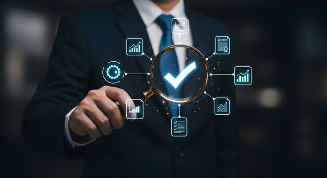 A businessman inspects data metrics through a digital magnifying glass, symbolizing analysis and decision-making in a modern business environment.