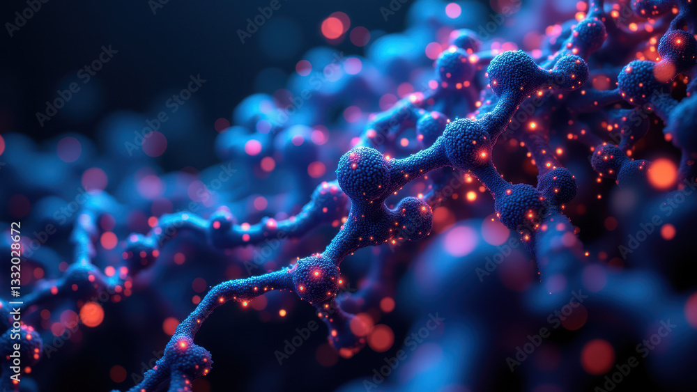 Poster molecular structures with glowing components against a dark backdrop.