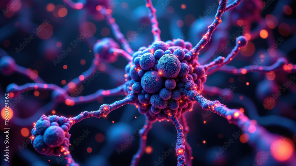 Poster a microscopic view of a brain cell with glowing red and blue dendrites and synapses, showcasing its 