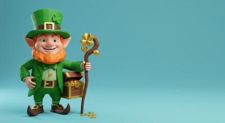 A 3D leprechaun with a walking stick and a treasure chest, on the left side, solid soft background, high-poly design, space on the right for text