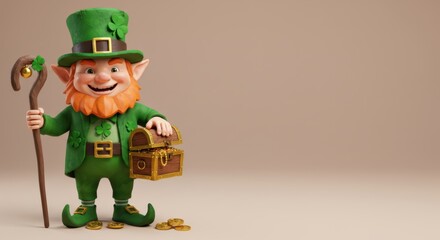 A 3D leprechaun with a walking stick and a treasure chest, on the left side, solid soft background, high-poly design, space on the right for text