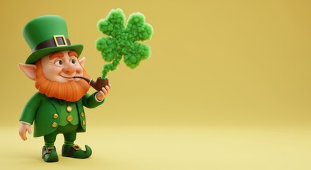 A 3D leprechaun’s pipe smoking with shamrock-shaped smoke, standing on the left side, solid light background, realistic details, space on the right for text