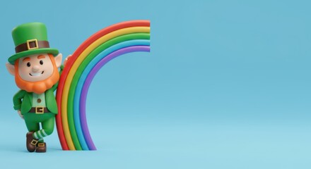 A 3D leprechaun leaning on a rainbow, standing on the left side, solid light background, smooth textures, cheeky smile, space on the right for text