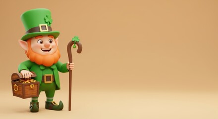 A 3D leprechaun with a walking stick and a treasure chest, on the left side, solid soft background, high-poly design, space on the right for text