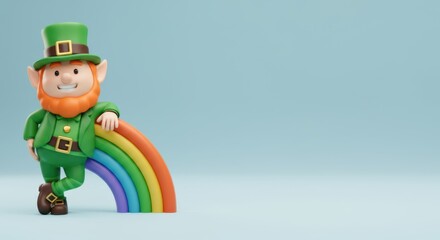 Obraz premium A 3D leprechaun leaning on a rainbow, standing on the left side, solid light background, smooth textures, cheeky smile, space on the right for text