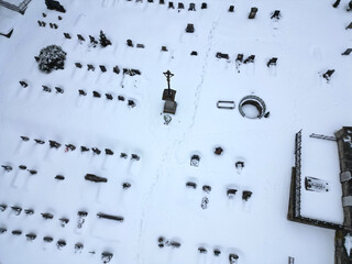 drone view of the forest cemetery. view from above. burial capacity in the city. stonework and the...
