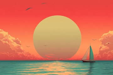 The serene sky with a blurred sunset features soft pink gradient colors where the horizon meets the ocean