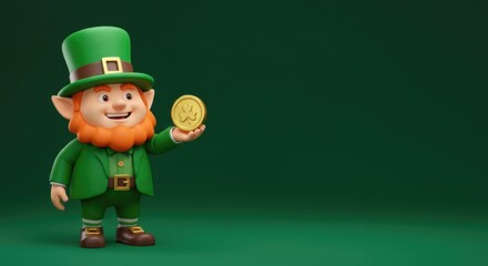 A 3D leprechaun in a green suit holding a golden coin, standing on the left side, solid emerald background, realistic textures, space on the right for text