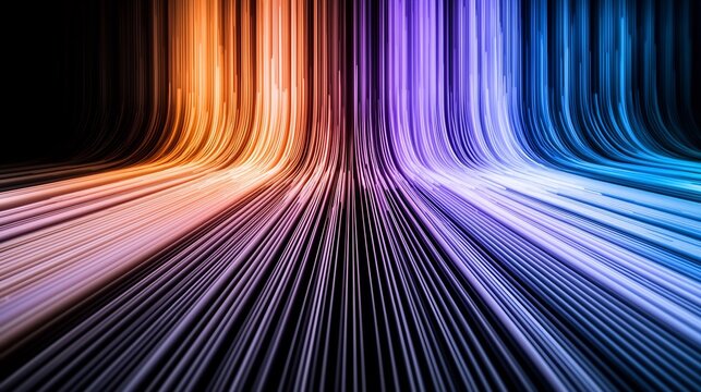 Abstract light streaks converging in a curved perspective.