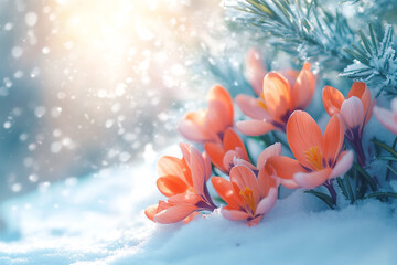 Beautiful orange crocus flowers blooming in fresh snow winter landscape sun cold light plant white
