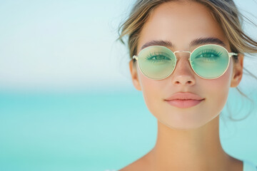 Fototapeta premium Close up of a woman in stylish sunglasses enjoying a serene day at the beach with turquoise waters in the background