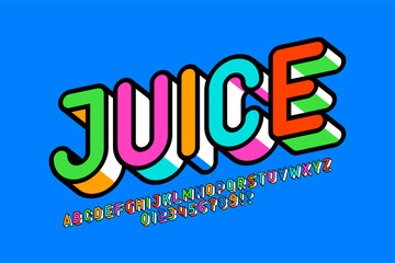 Juice. Colorful 3d style font design, alphabet letters and numbers vector illustration