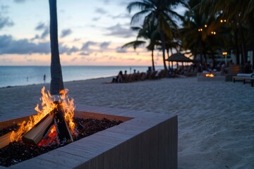 Fototapeta premium Fire pit and cocktails at a beach party with music under the stars