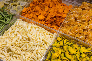 Delicious dried fruit mix in grocery market