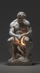Obraz premium Man sitting on sculpture with glowing circle in hand