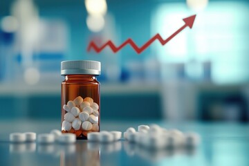 Increasing drug costs, pill bottle and upward trending red arrow in pharmaceutical lab