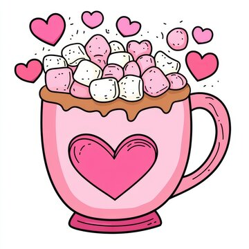 recommend clip art: The top of a mug of hot chocolate is decorated with a pink heart and marshmallows in this modern drink illustration