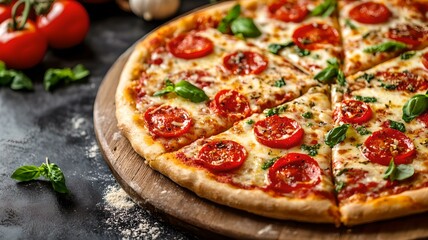 Close-up photo italian pizza with fresh basil and tomatoes