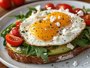 Avocado toast with fried egg, fresh arugula and cherry tomatoes. Healthy breakfast concept.