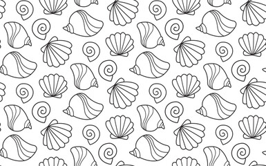 Seamless background with sea ​​shells of various shapes. Cute doodle style pattern 