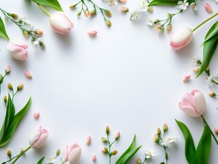Pink tulips and white flowers with green leaves on white background - obrazy, fototapety, plakaty